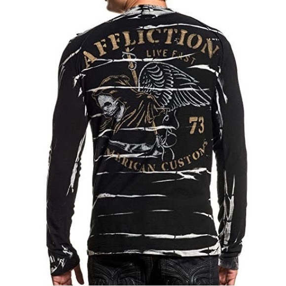Affliction Men's Small Live Fast Grim Reaper Cotton Henley Black Long Sleeve Tee - Picture 2 of 4